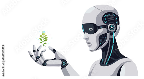 A futuristic humanoid robot gently holds and observes a glowing green plant sprout, symbolizing technology's role in nature.