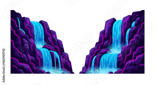 Two stylized neon waterfalls cascade down dark purple cliffs with glowing blue water, isolated on white.