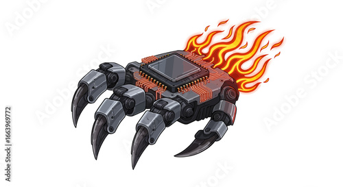Advanced mechanical gauntlet featuring sharp talons and a blazing energy core.