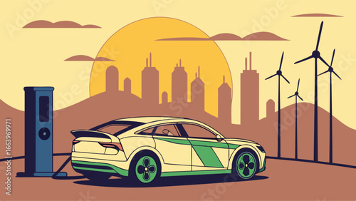 Electric Vehicle Charging in an Eco-Friendly Cityscape with Wind Turbines and Solar Power