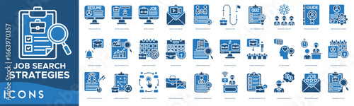 Job Search Strategies Icon set. Resume Builder Tool, Job Application Tracker, Online Job Board, Cover Letter Creator, Interview Preparation Kit and Career Path Map
