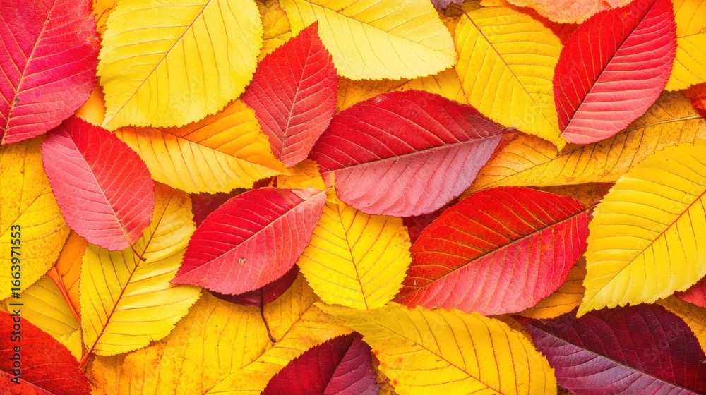 Obraz premium Vibrant autumn foliage background featuring a mix of red and yellow leaves creating a seasonal