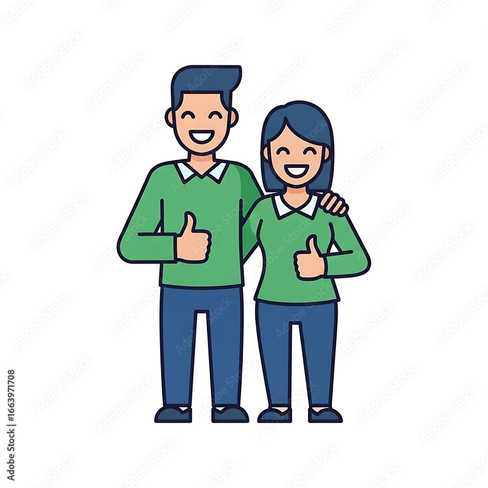 Happy cartoon couple giving a thumbs up sign together. Smiling man and woman showing positive approval