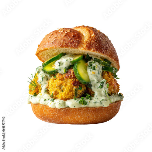 Delicious Falafel Burger with Creamy Yogurt Sauce and Pickles