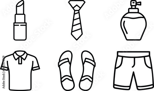Fashion and clothing line icons including lipstick tie perfume shirt sandals shorts