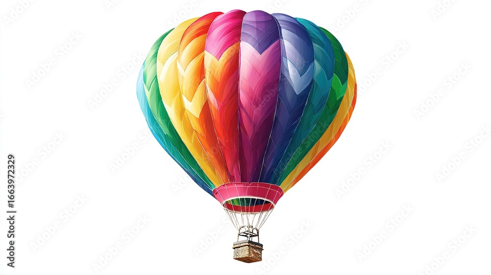 Naklejka premium Rainbow-colored hot air balloon isolated on white, angled