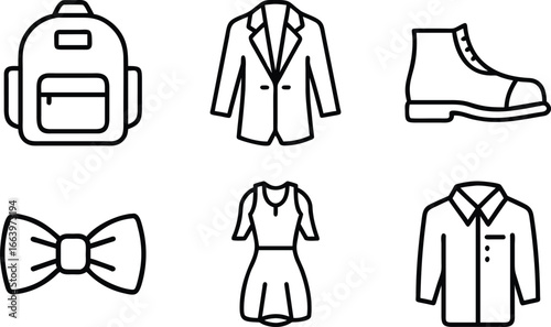 Black outline icons of fashion items on white background