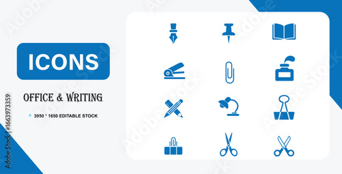 Set of 12 blue office and school supply icons on white background