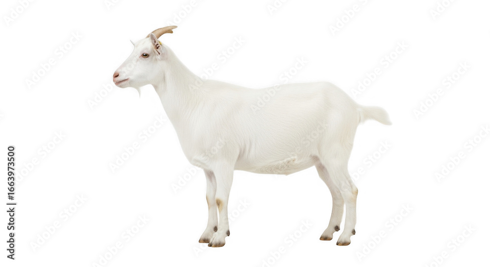 Fototapeta premium A white goat standing with its head turned to the left profile isolated on a transparent background