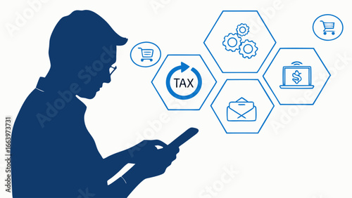 Online tax filing and shopping Man using app for transactions