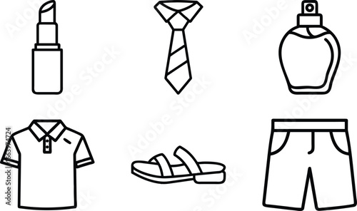 Fashion and clothing icons lipstick tie perfume polo shirt sandals shorts 1