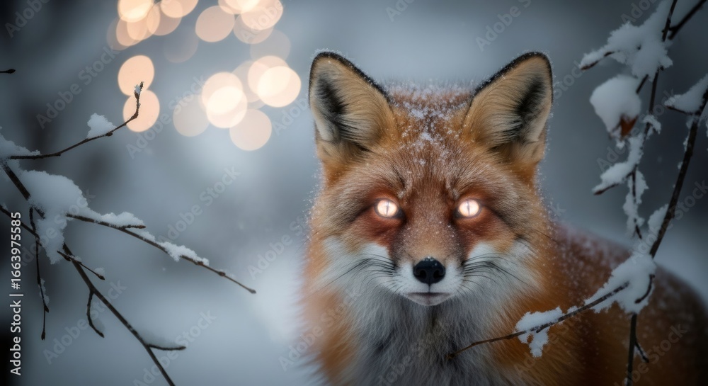 Obraz premium Red fox with glowing eyes in snowy forest. Winter wildlife animal. Frosty nature scene with bokeh lights background. Yule concept.