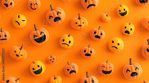 Colorful Halloween Pumpkins with Various Facial Expressions on Bright Orange Background for Seasonal Decor