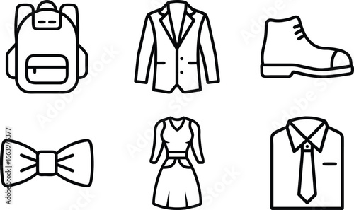 Black outline icons of fashion clothing and accessories