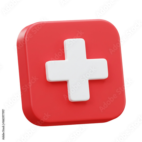 A vibrant, three-dimensional rendering showcases a white cross emblem centered on a red, square-shaped background, symbolizing concepts of aid and assistance.