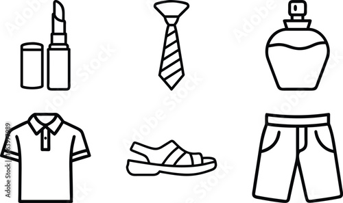 Fashion and clothing line icons including lipstick tie perfume polo shirt sandals shorts