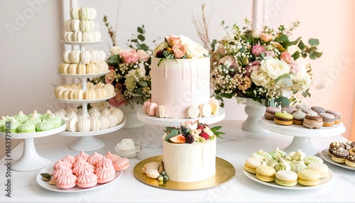 A beautifully arranged dessert table displays colorful macarons, delicate meringues, and elegant cakes, creating a sweet and charming scene.