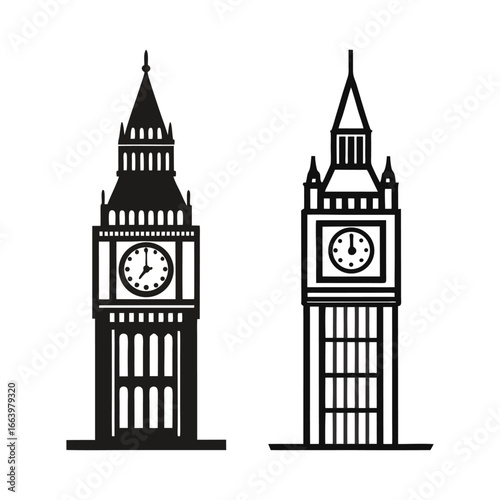 Big Ben Clock Tower Vector Icons London Landmark Illustration in Black and White Design