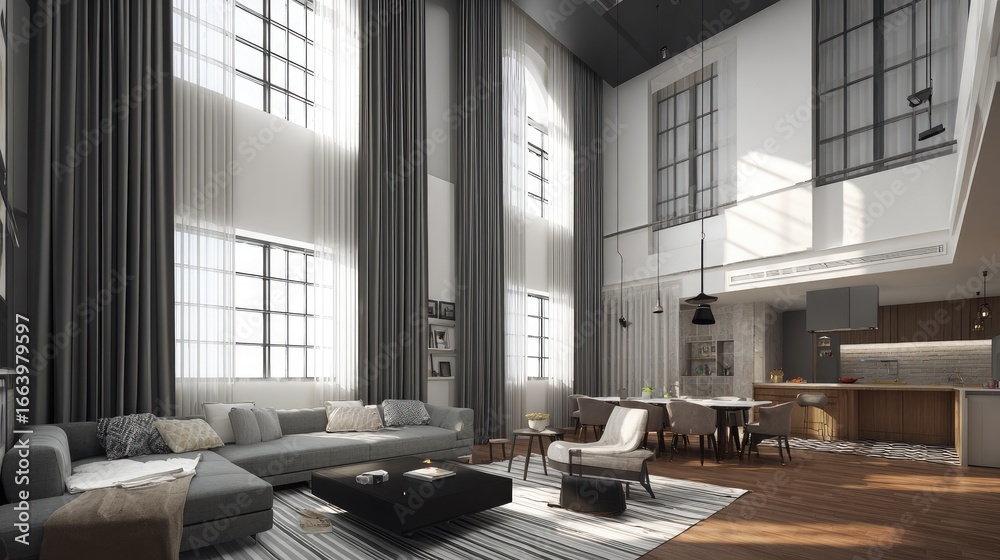 Fototapeta premium Open-plan loft apartment interior showcasing modern design.