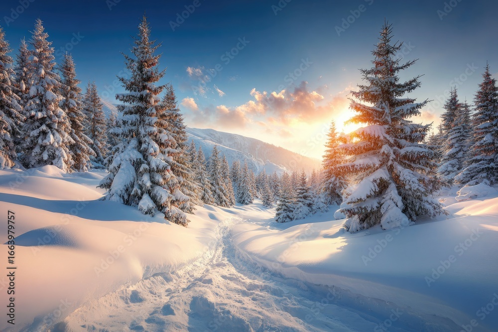 Fototapeta premium Snowy mountain landscape at sunrise.
