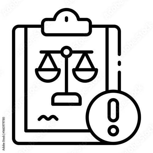 lawsuit outline icon showing legal document with justice scales and warning symbol