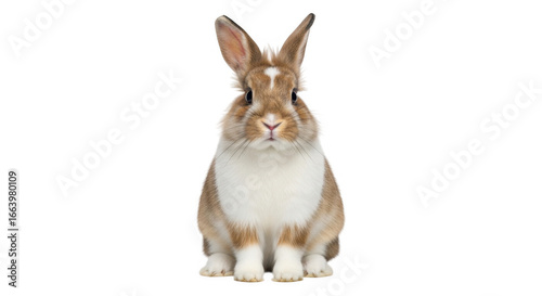 Adorable brown and white rabbit sitting attentively on a black background showing its front profile and looking forward with clear focus