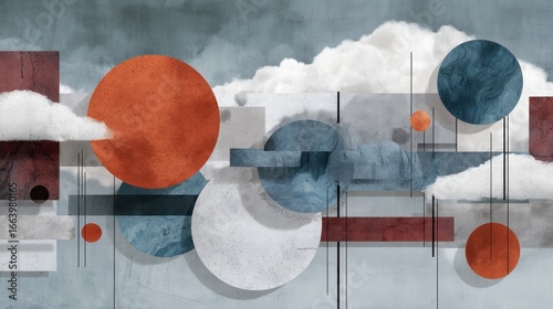 Abstract geometric composition with colorful shapes and cloud patterns in a modern art style