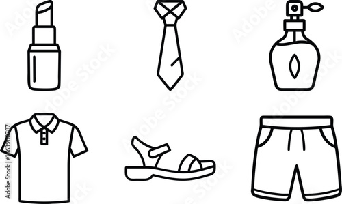 Fashion and clothing line icons including lipstick tie perfume shirt sandal shorts