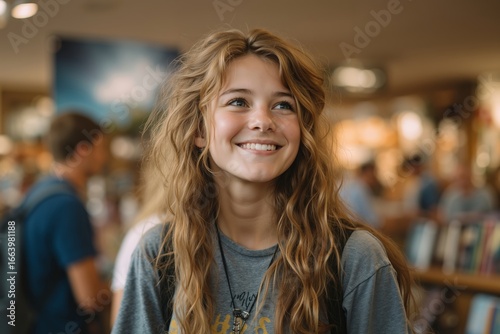 A young woman with long blonde hair smiles at the camera