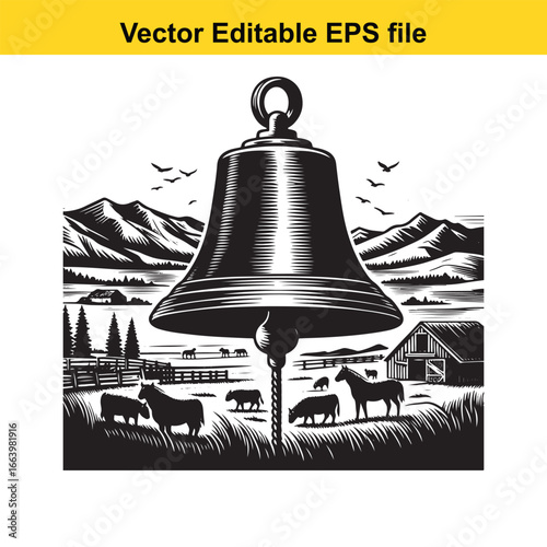 Vintage bell in a rural landscape with farm animals isolated on white background