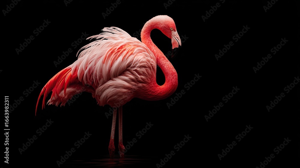 Obraz premium Elegant pink flamingo stands serenely against a stark black background, feathers ruffled by an unseen breeze