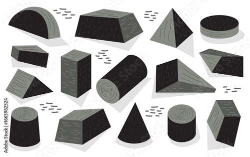 Black and gray textured abstract isolated surface geometric three dimensional shapes in minimal modern form set and flat sketch style with shadows on white background