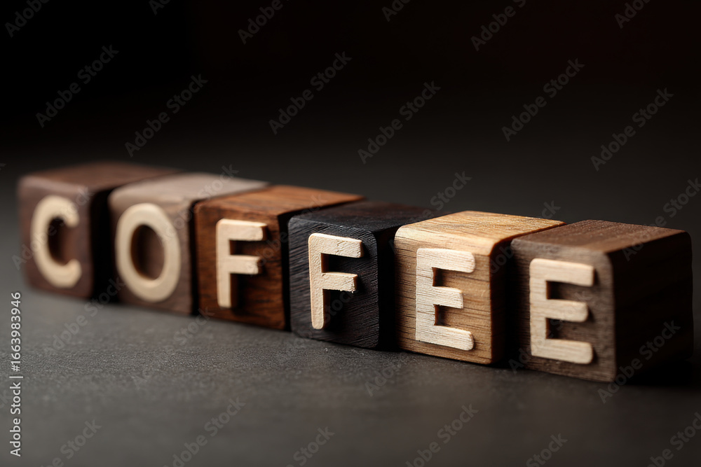 Obraz premium Walnut-toned rounded blocks spelling “COFFEE” in cream letters, arranged on a smooth dark surface with soft, ambient lighting.