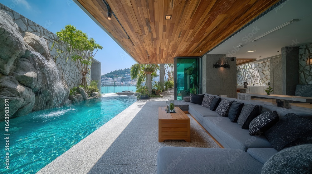 Fototapeta premium Modern outdoor living area with a swimming pool and a spacious lounge.