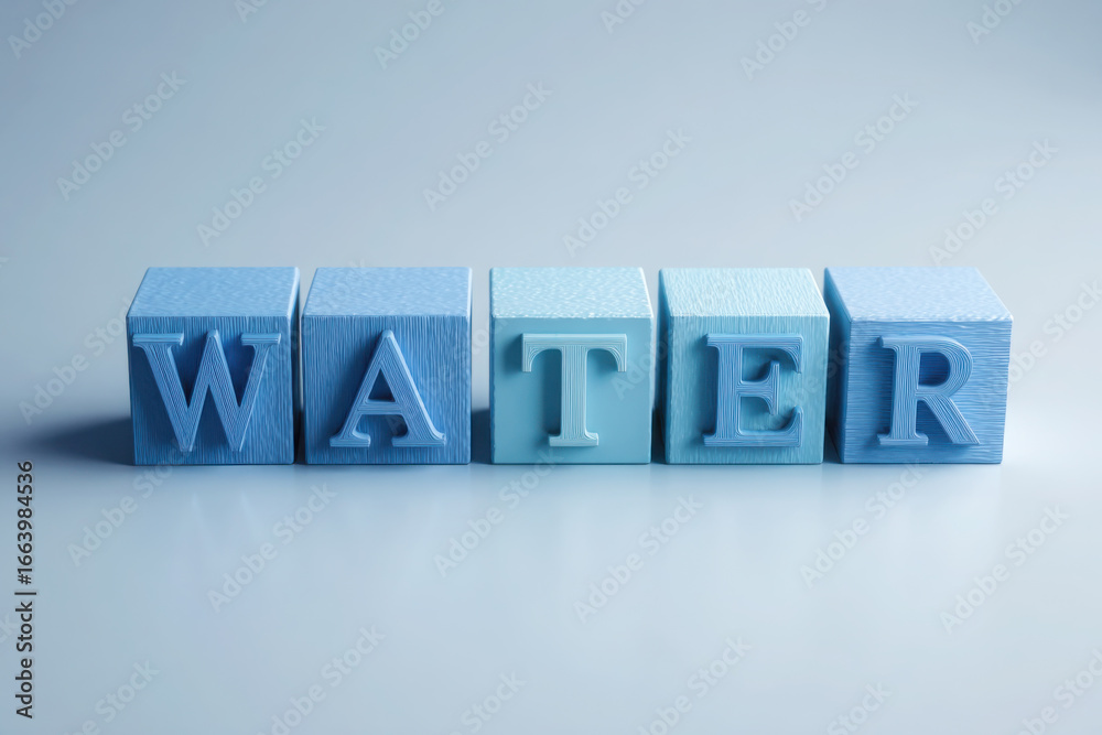 Fototapeta premium Blue matte letter cubes spelling “WATER” in aqua letters, placed on a soft grey surface with gentle lighting and minimal style.