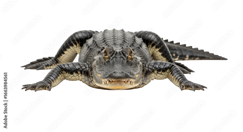 Fototapeta premium Close Up Front View of an American Alligator with Open Mouth Showing Teeth on a Black Background