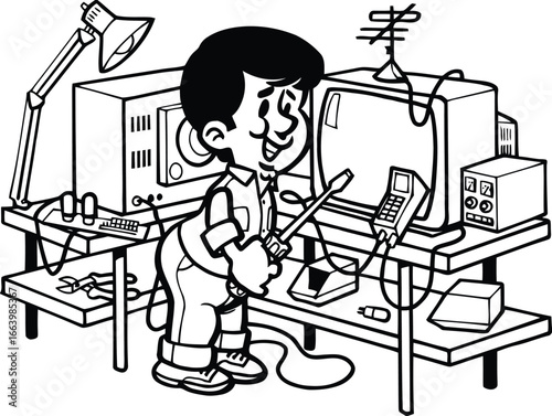 Creative vector illustration depicting the process of repairing electronic devices with tools and components suitable for technology repair services or diy guides