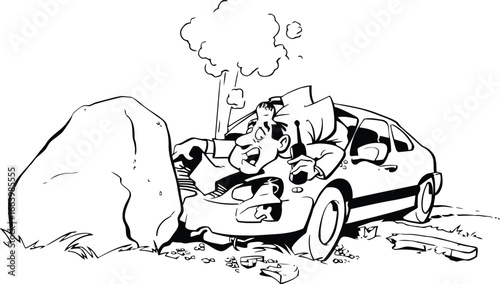 Dynamic illustration of a vehicle colliding with a large rock showcasing a moment of impact and potential damage rendered in a versatile vector format
