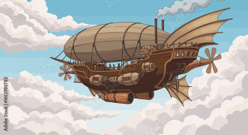 Steampunk airship sailing through clouds with passengers visible