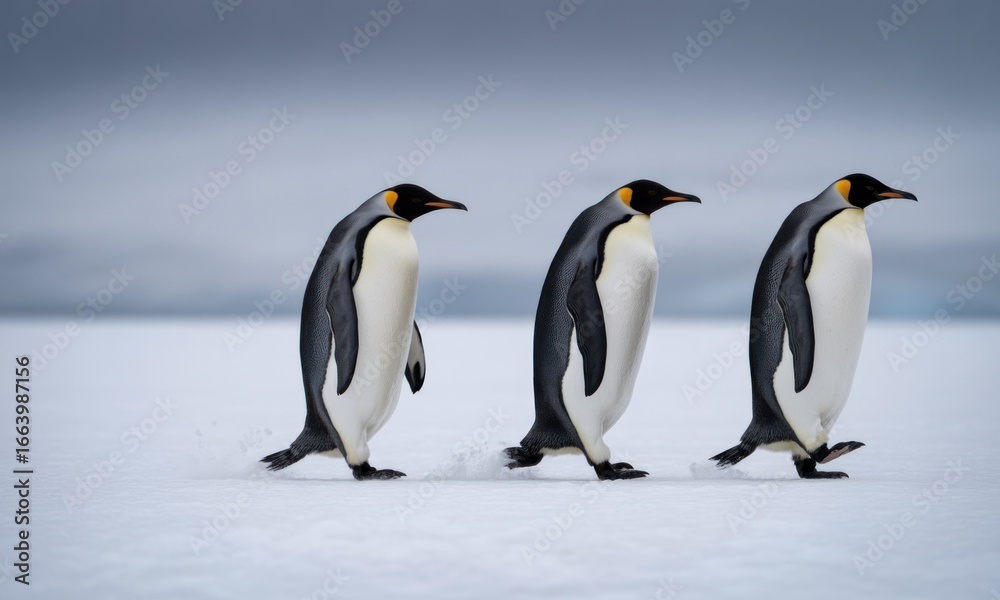Obraz premium Three penguins walk single file across a snowy, flat Antarctic landscape