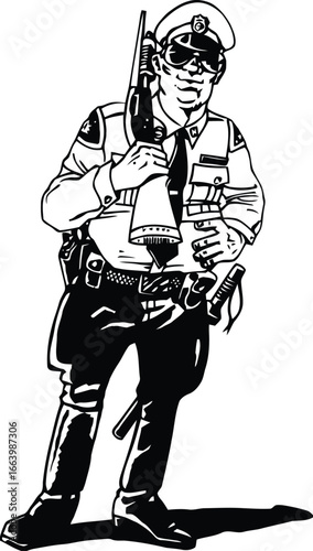 A stylized vector illustration of a law enforcement officer holding a firearm designed for various graphic applications