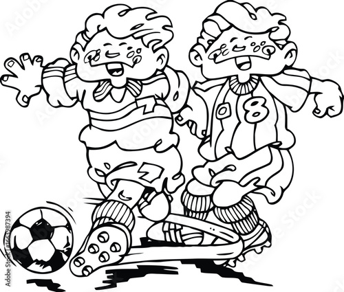 Dynamic illustration of two young boys actively playing football together on a vibrant green field showcasing teamwork and energetic sportsmanship