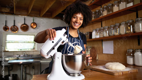 Smiling woman using a stand mixer to make bread dough