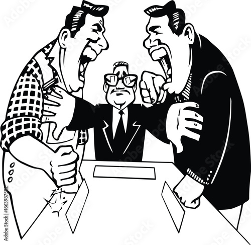 Illustration of people engaged in a lively discussion or debate representing teamwork communication and problem solving in a professional or public setting