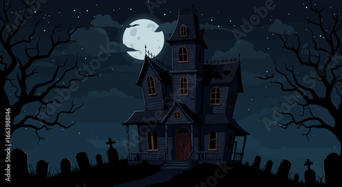 Spooky Haunted House with Full Moon and Graveyard