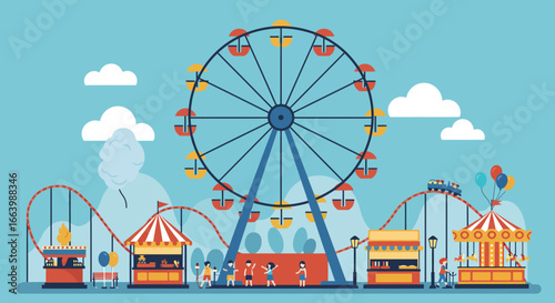 Vibrant Funfair Scene with Ferris Wheel and Roller Coaster Illustration