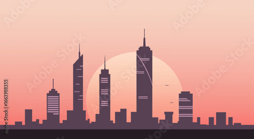Modern City Skyline Silhouette at Sunset with Stylized Architecture and Warm Sky - Image_fx