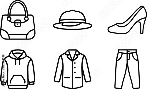 Fashion clothing and accessory line icons handbag