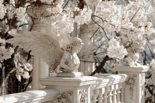 Ornate cherubic angel statue amongst flowering branches.