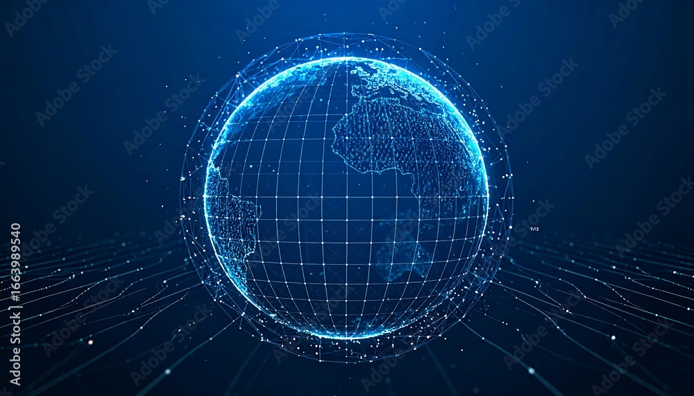 Obraz premium Abstract Digital Sphere Displaying Global Network Connections on Dark Blue Background